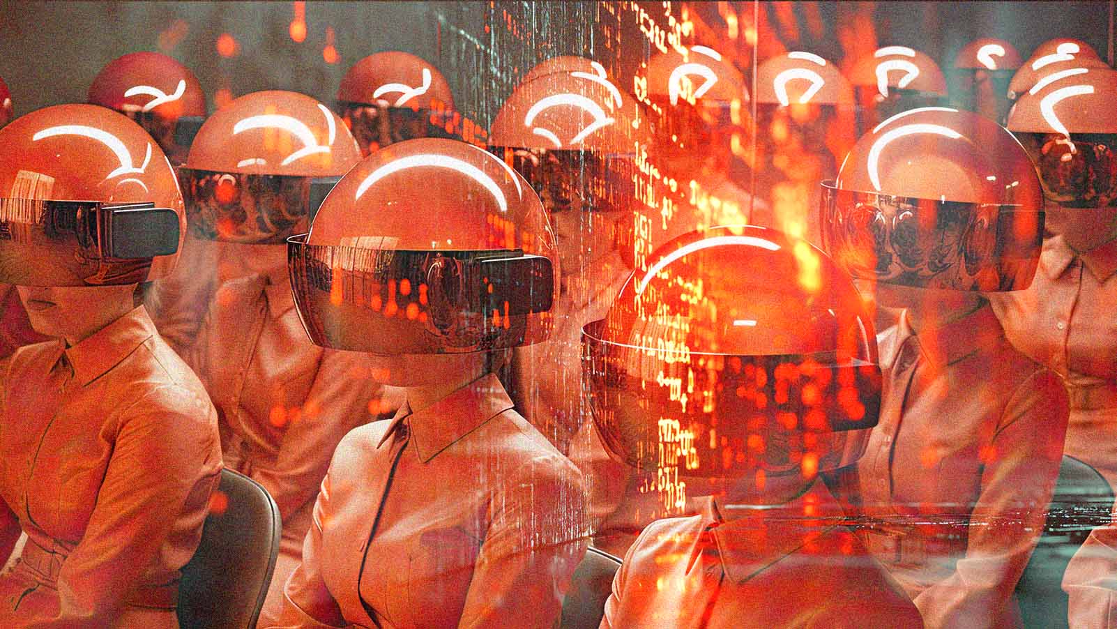 imagem estilizada de pessoas usando óculos de realidade virtual com IA