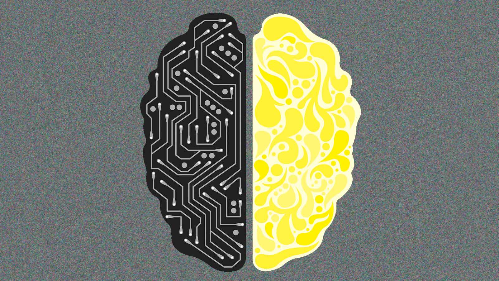 imagem estilizada de um cérebro metade biológico e metade eletrônico