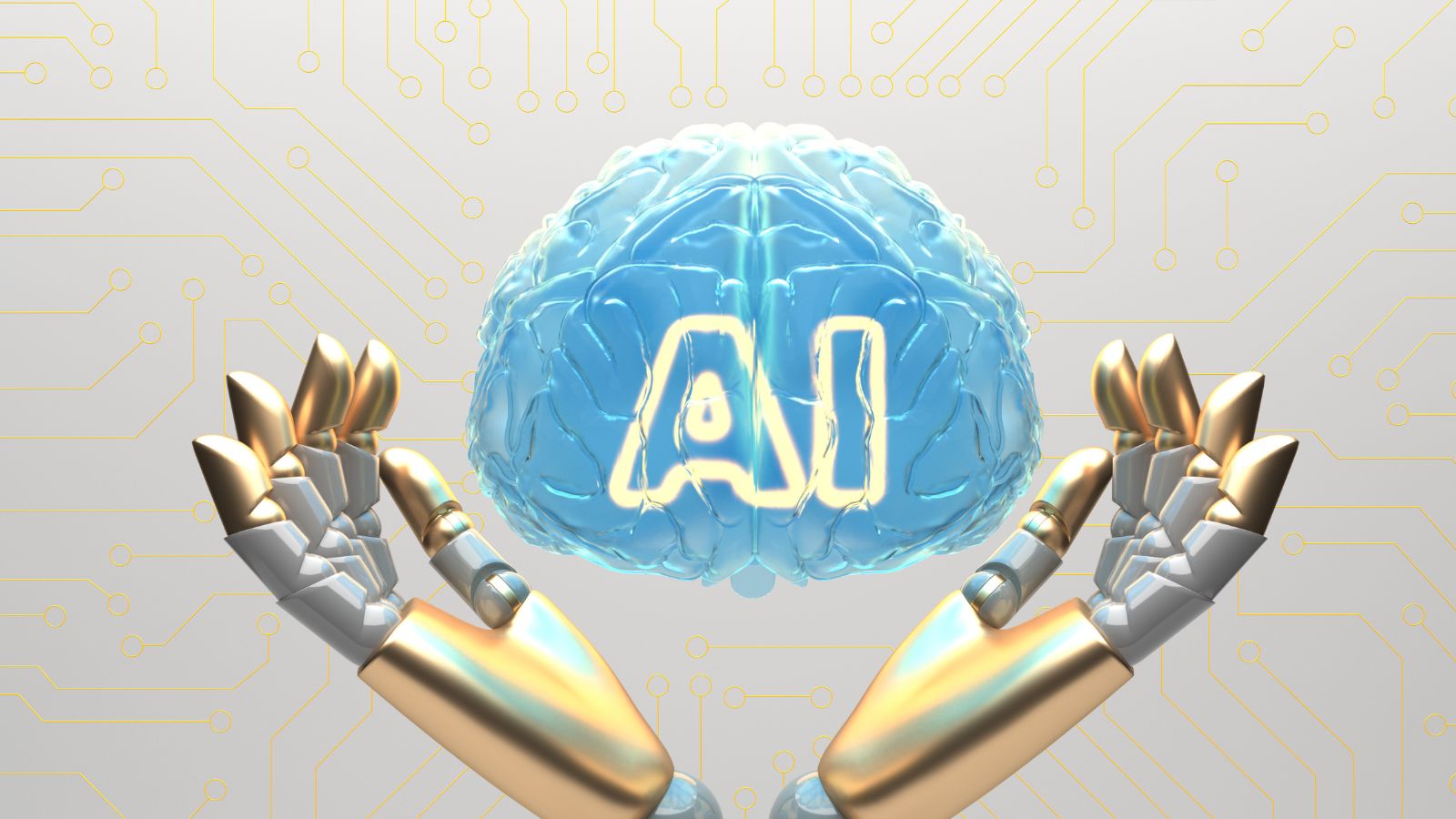 Mãos de robõ segurando cerébro