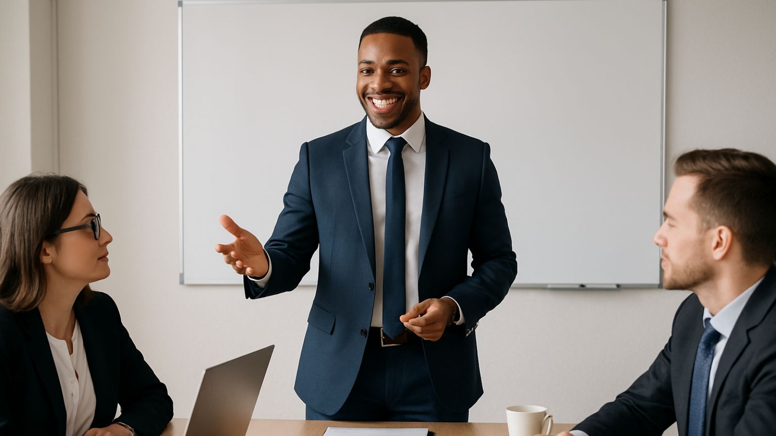 homem negro apresentando em uma reunião de trabalho, enquanto dois colegas prestam atenção.