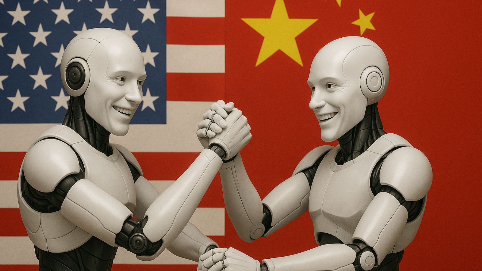 Robôs humanóides do EUA e da China dando as mãos
