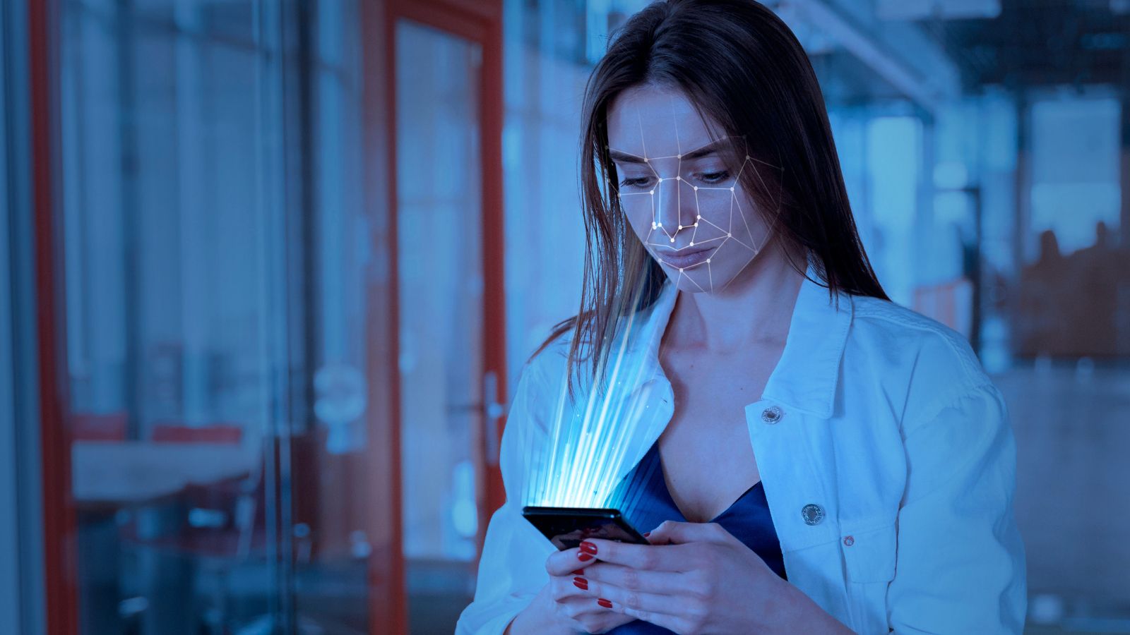 Mulher usando um celular com inteligência Artificial