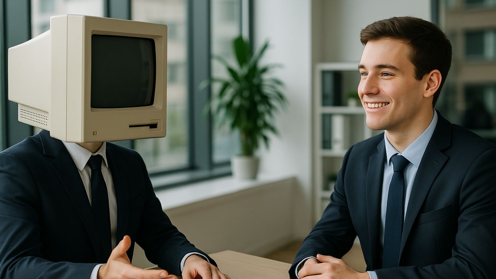 Jovem conversando com pessoa com cabeça de computador