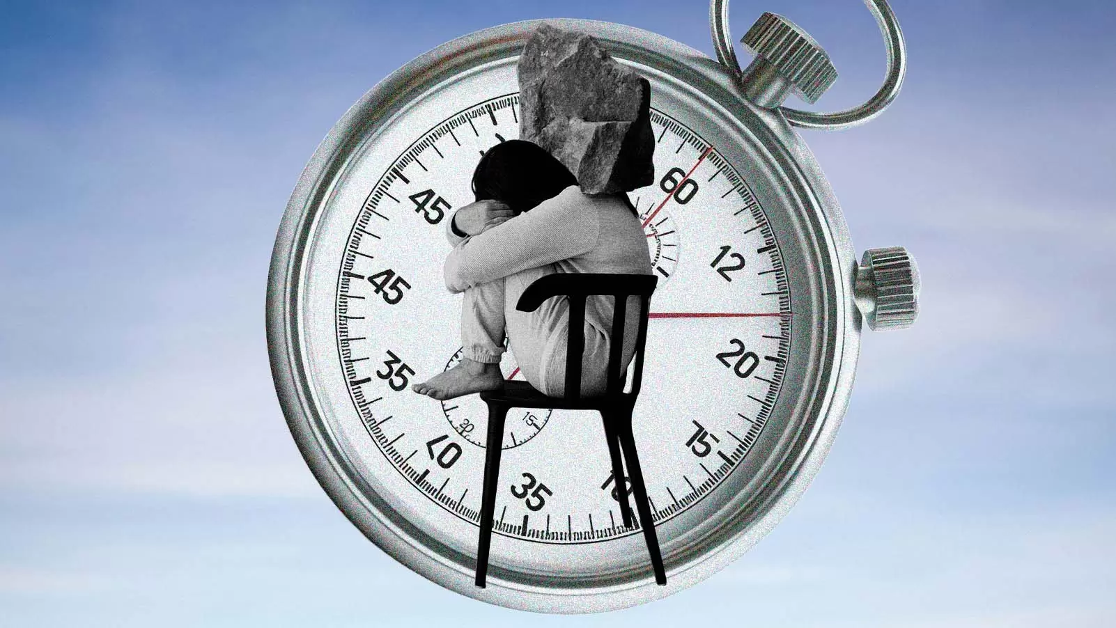 Pessoa sentada, com o rosto encostado nos joelhos e mãos cobrindo o rosto, com relógio ao fundo, representando ansiedade.