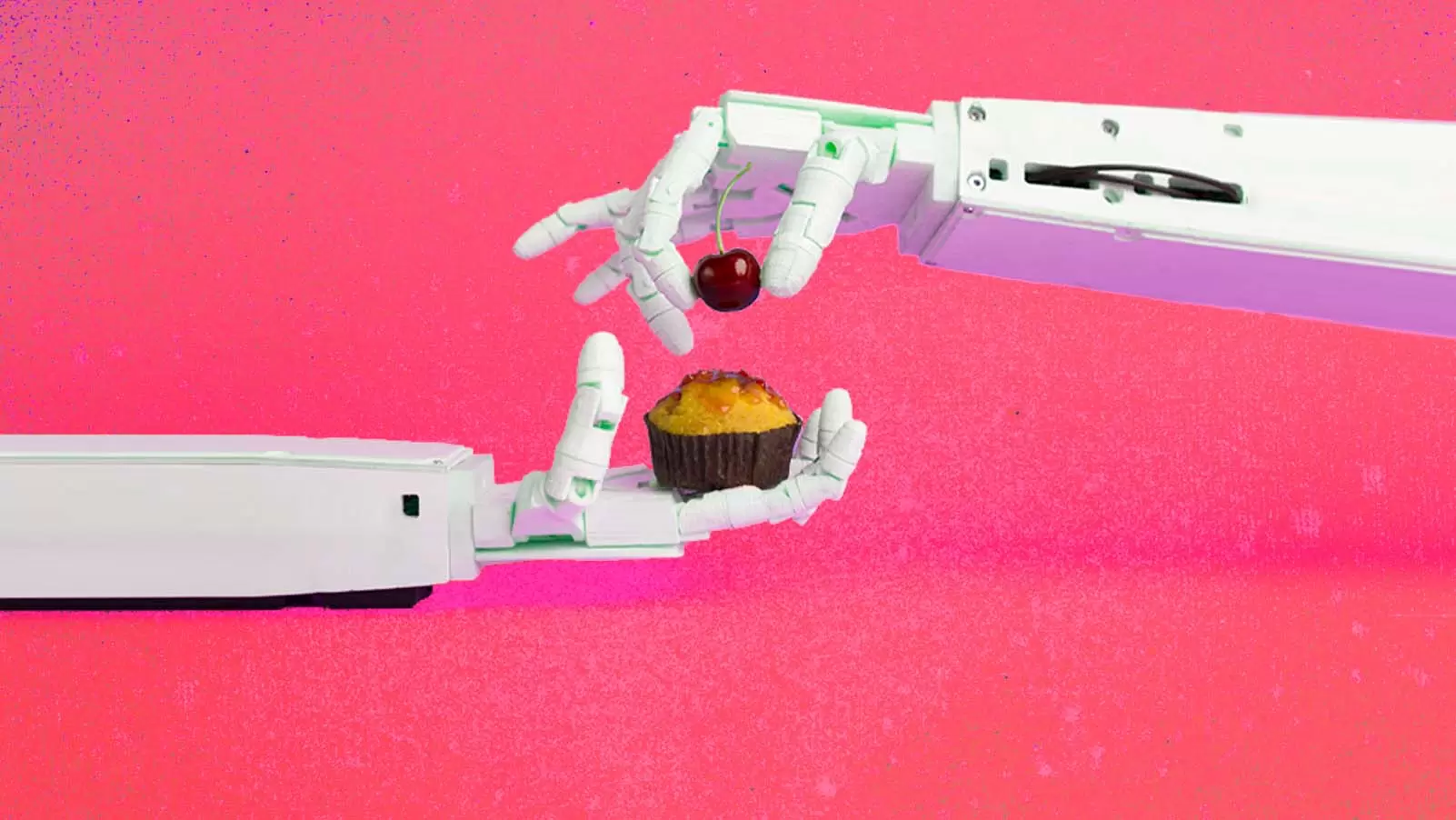 Imagem de duas mãos de robôs, representando os apps, uma com um bolo na palma da mão e outra com uma cereja