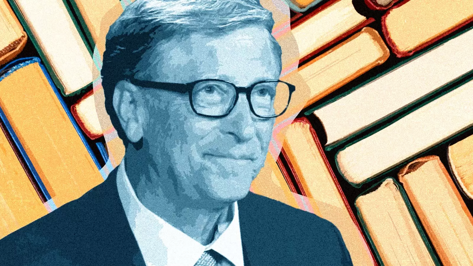 Imagem de Bill Gates ao centro com livros no fundo