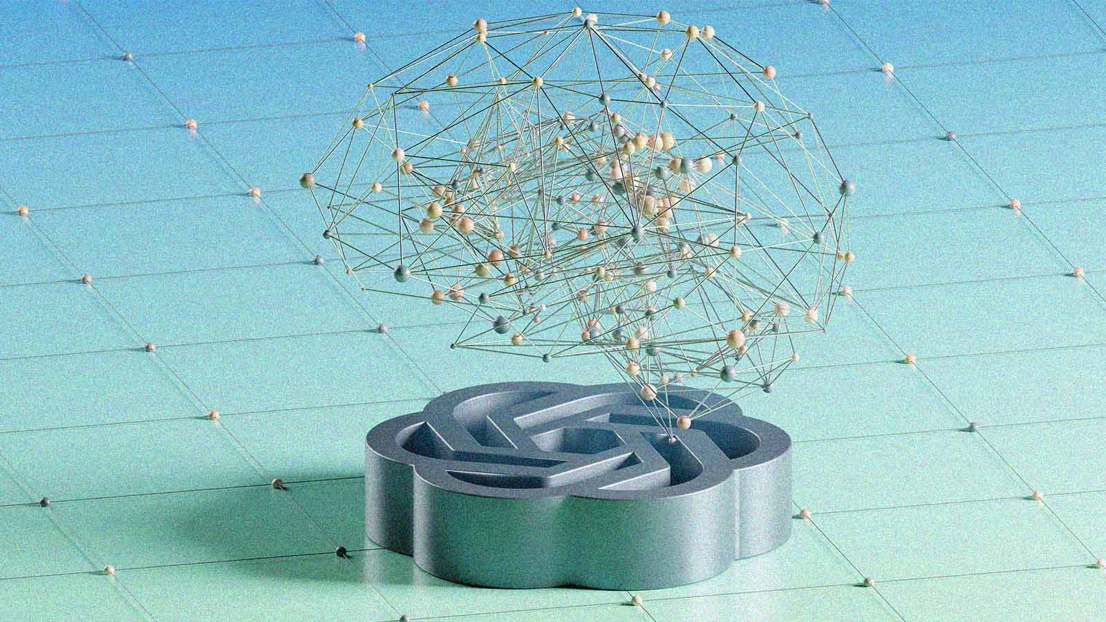Imagem do logo da OpenAI com teia de fios emulando um cérebro humano