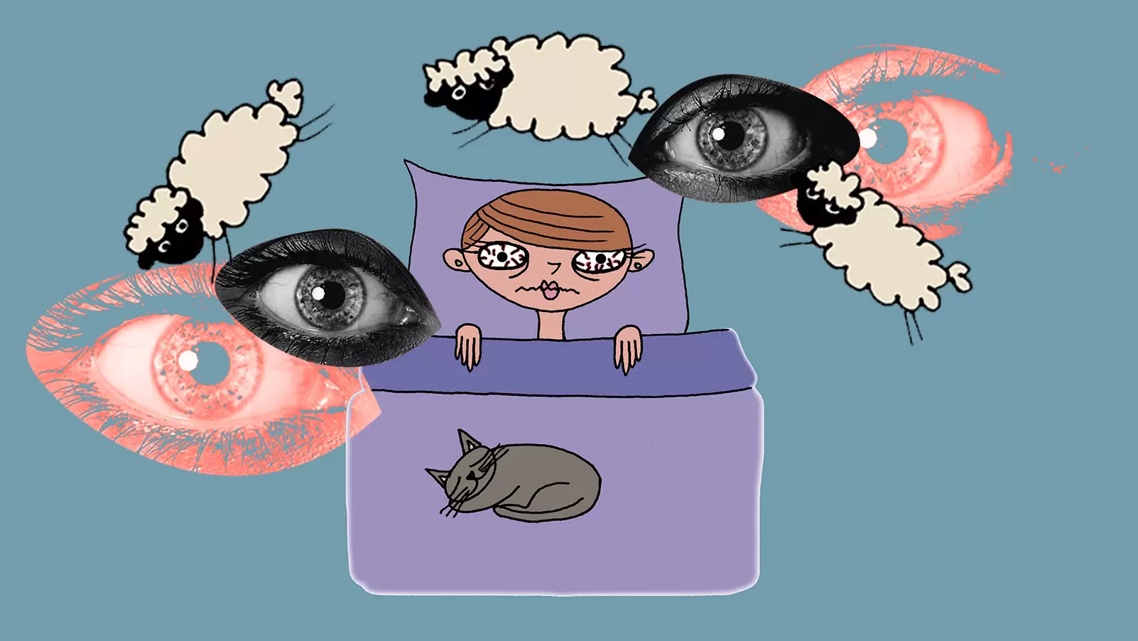 Desenho de mulher deitada na cama, com olhos abertos e expressão aflita, com insônia