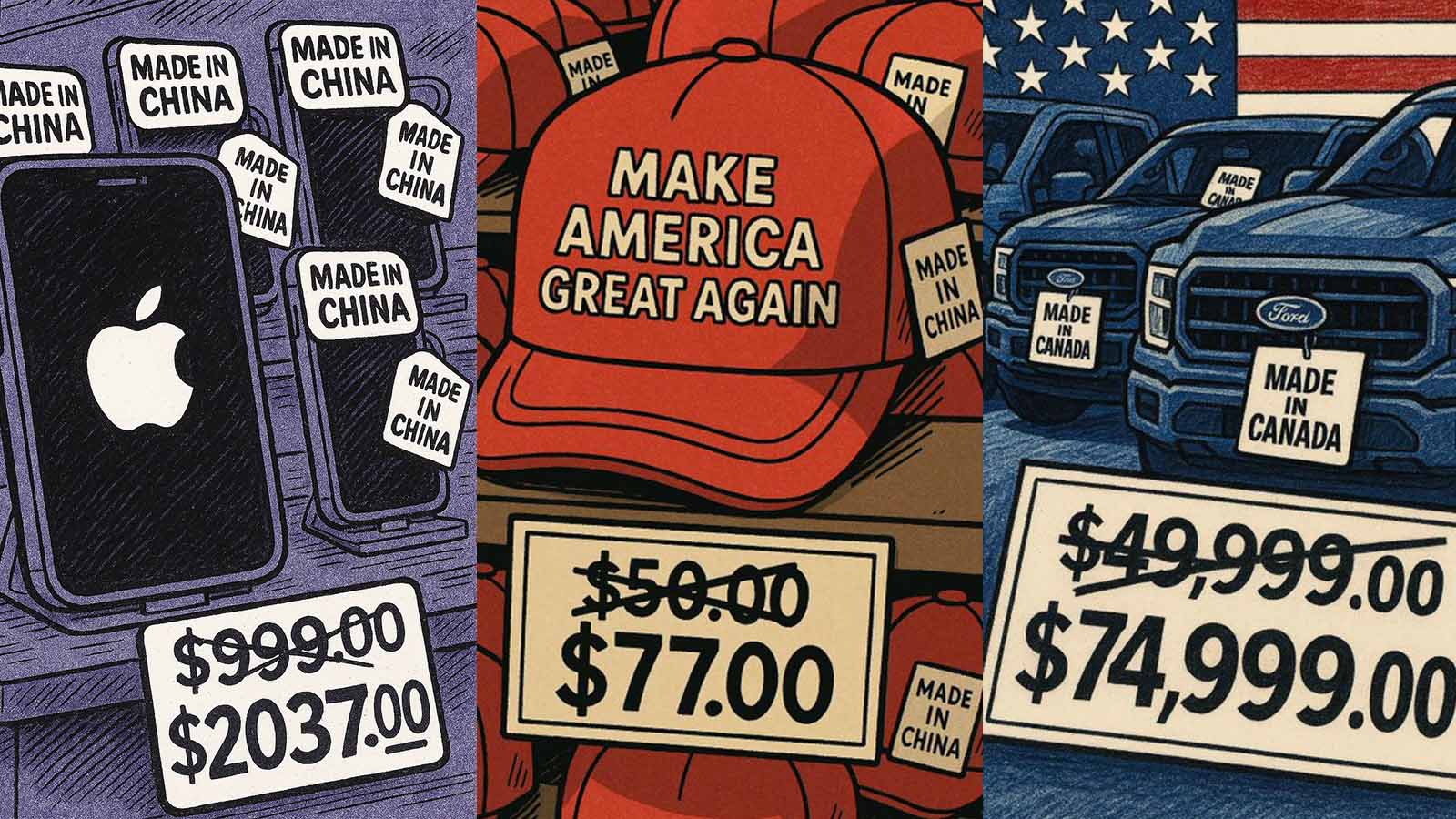 Montagem de memes com iPhone feito na China, boné com a frase "Make America great again" estampada e carros fabricados no Canadá, todos com preço mais alto.