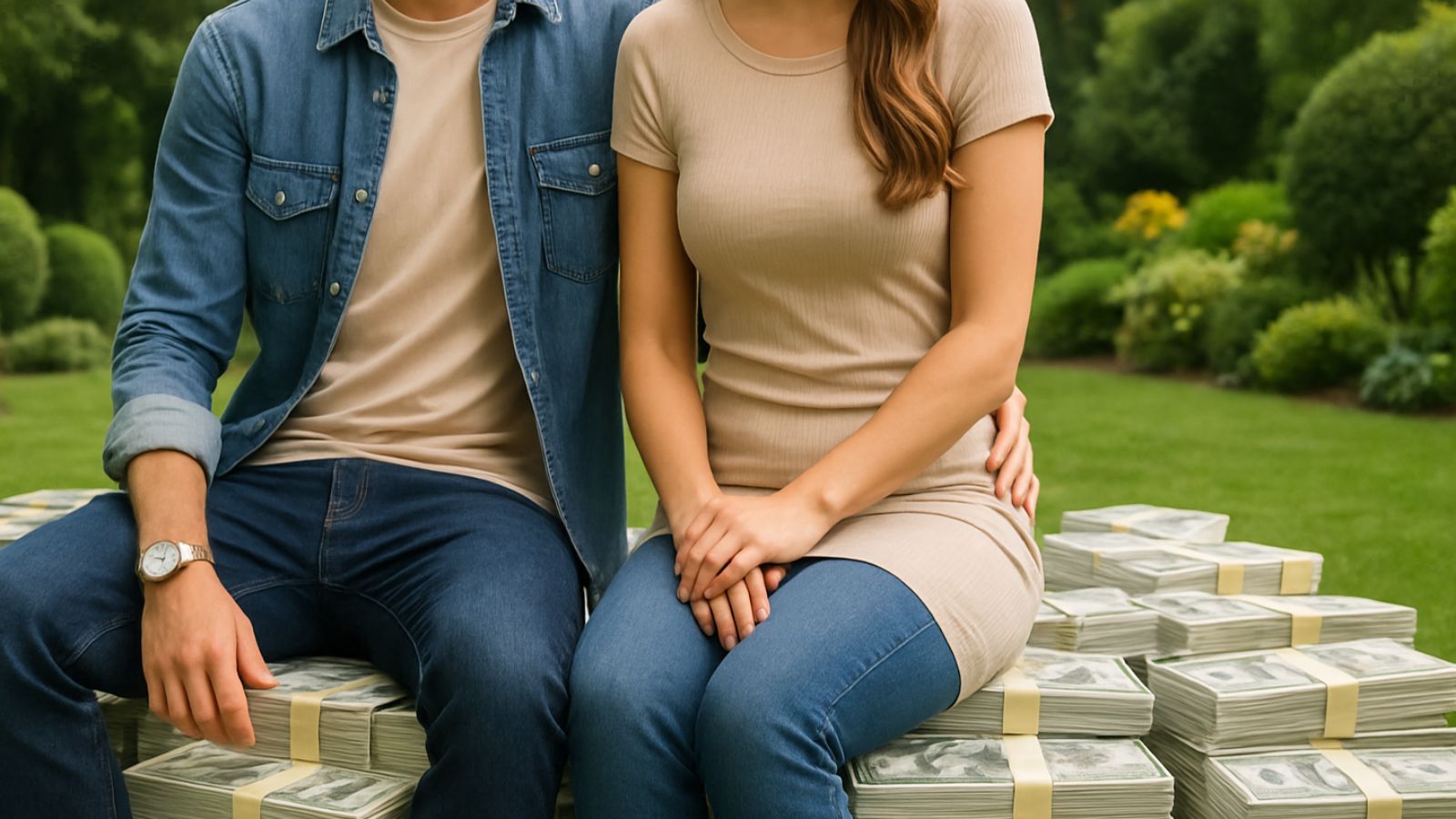 Casal de bilionários se abraçando em cima de pilhas de dinheiro