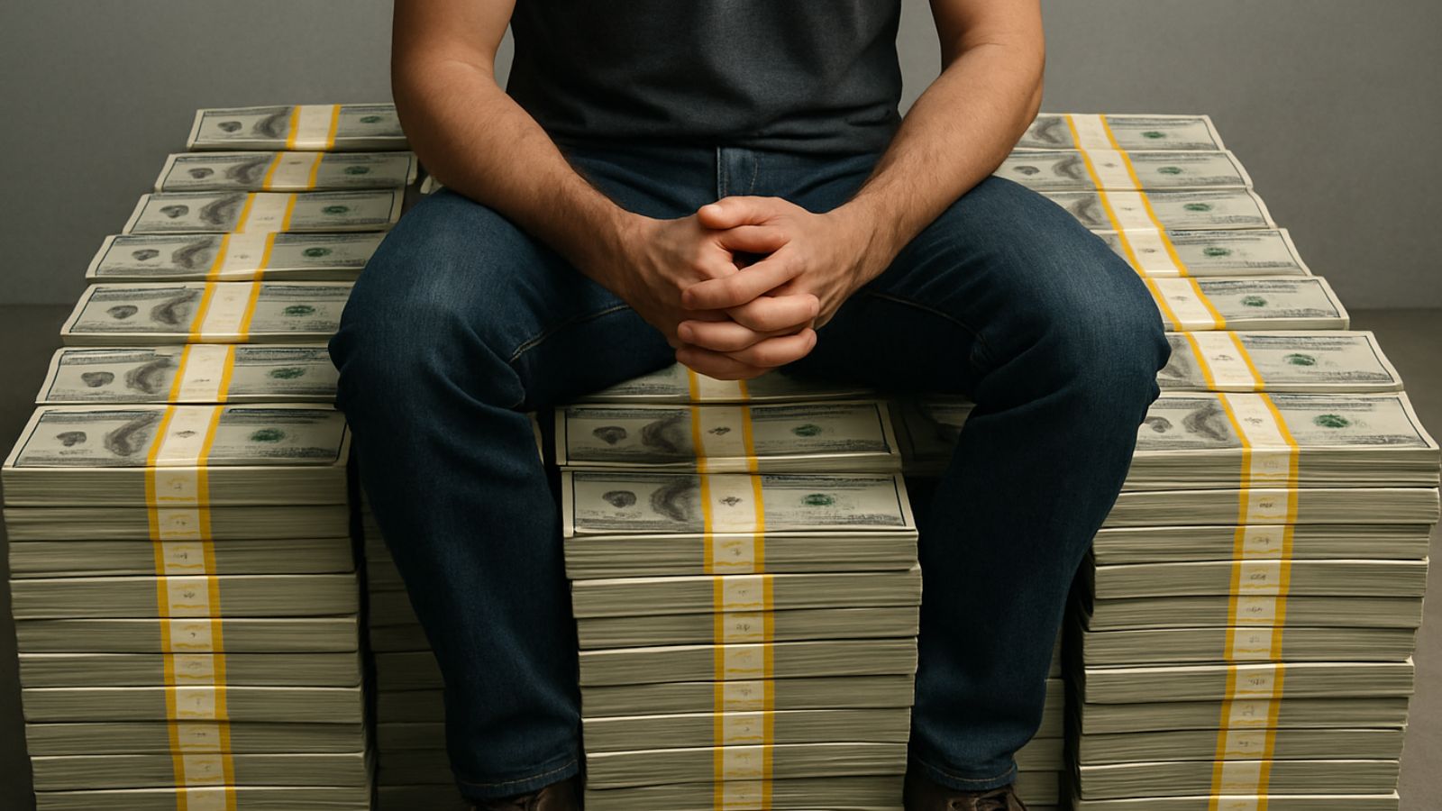 Homem sentado em pilha de dinheiro