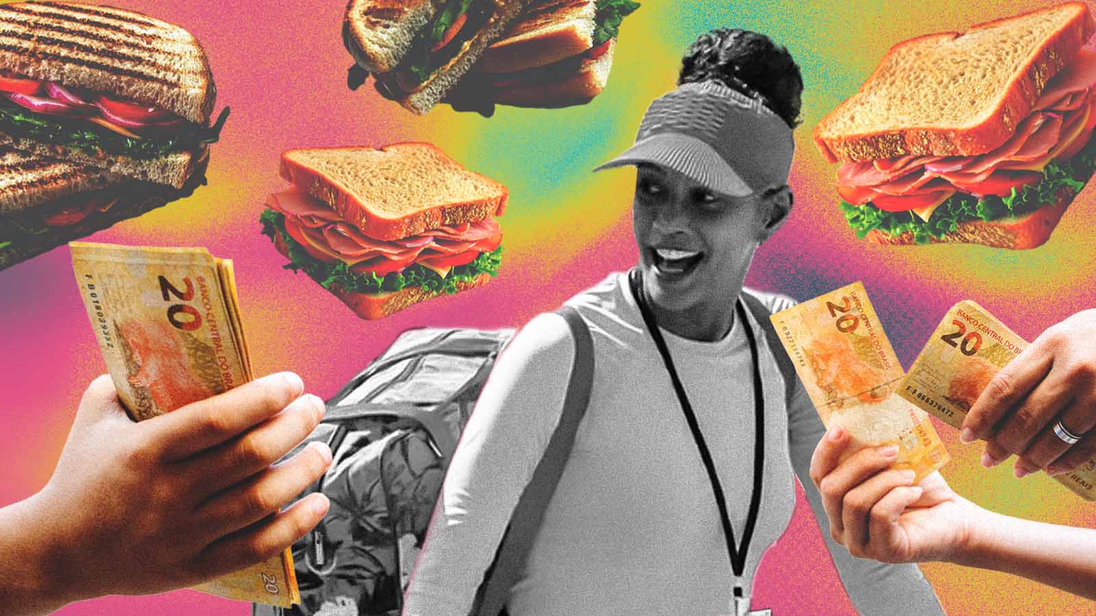 ilustração com a personagem Raquel, de Vale Tudo, com sanduíches e dinheiro