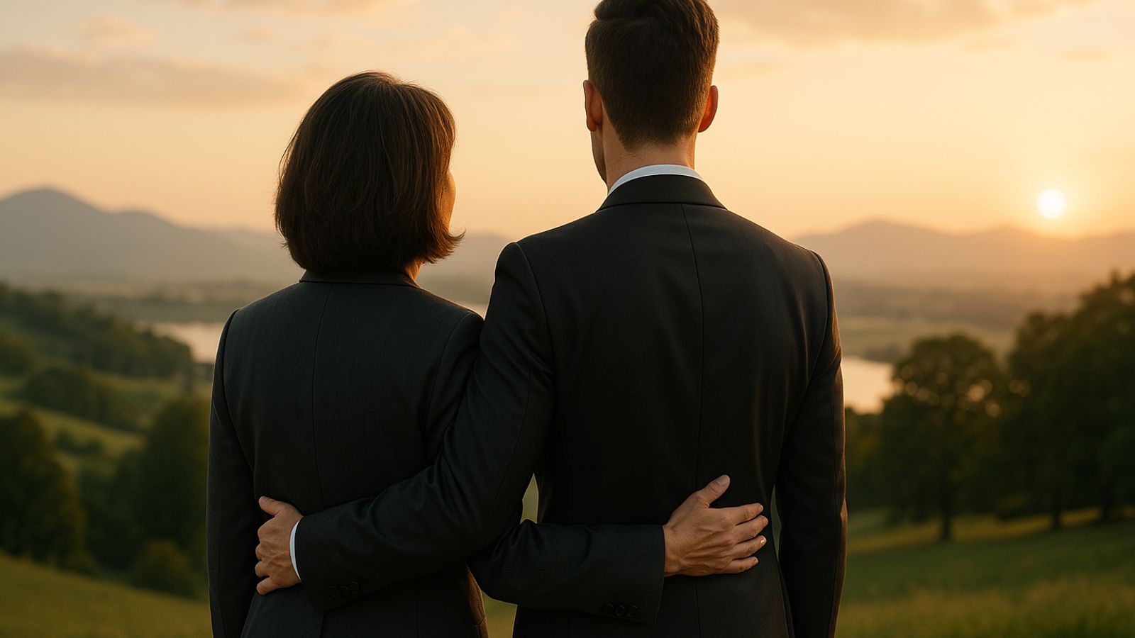Mãe e filho se abraçando olhando para o horizonte