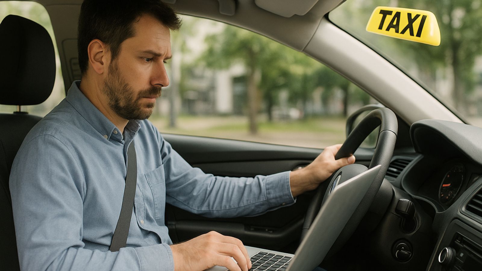 Homem trabalhando no notebook e dirigindo taxi