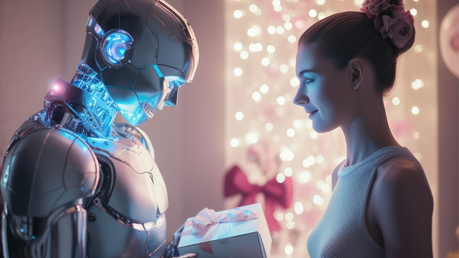 Mulher trocando presente com Robô