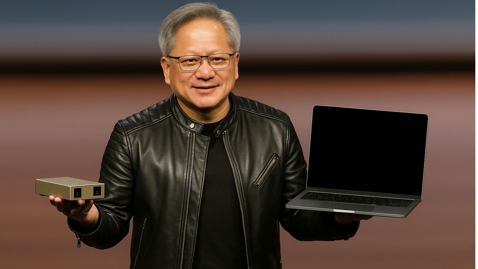 jansen huang segurando dois equipamento, um em cada mão