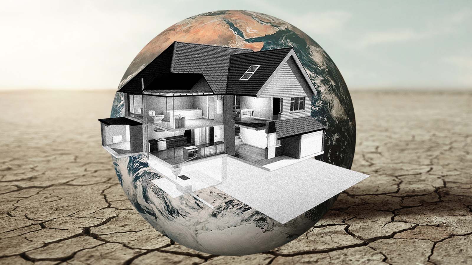 um sobrado no meio de situações que representam a crise climática, como a seca e os incêndios