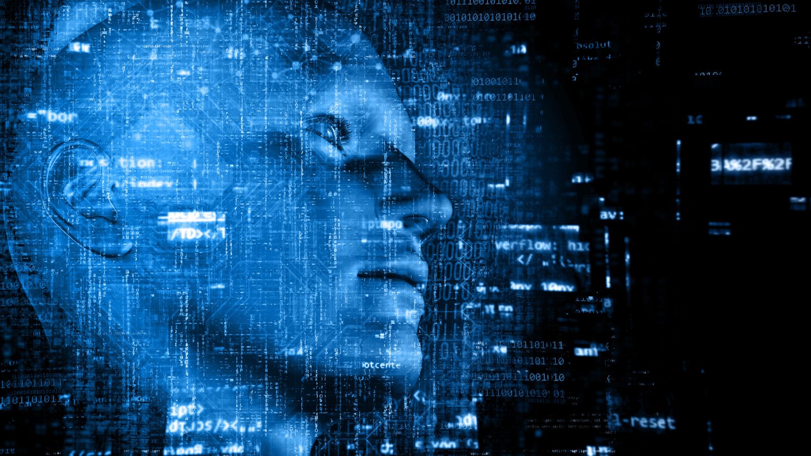 Fundo de tecnologia com código sobre cabeça masculina