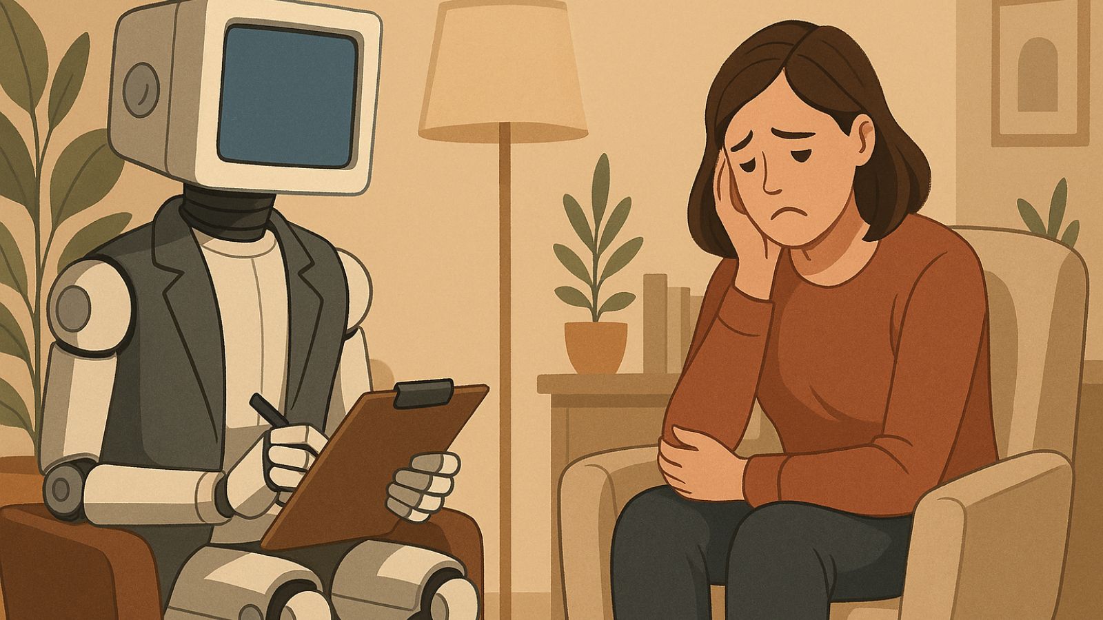 Pessoa se consultando com psicologo robô na terapia