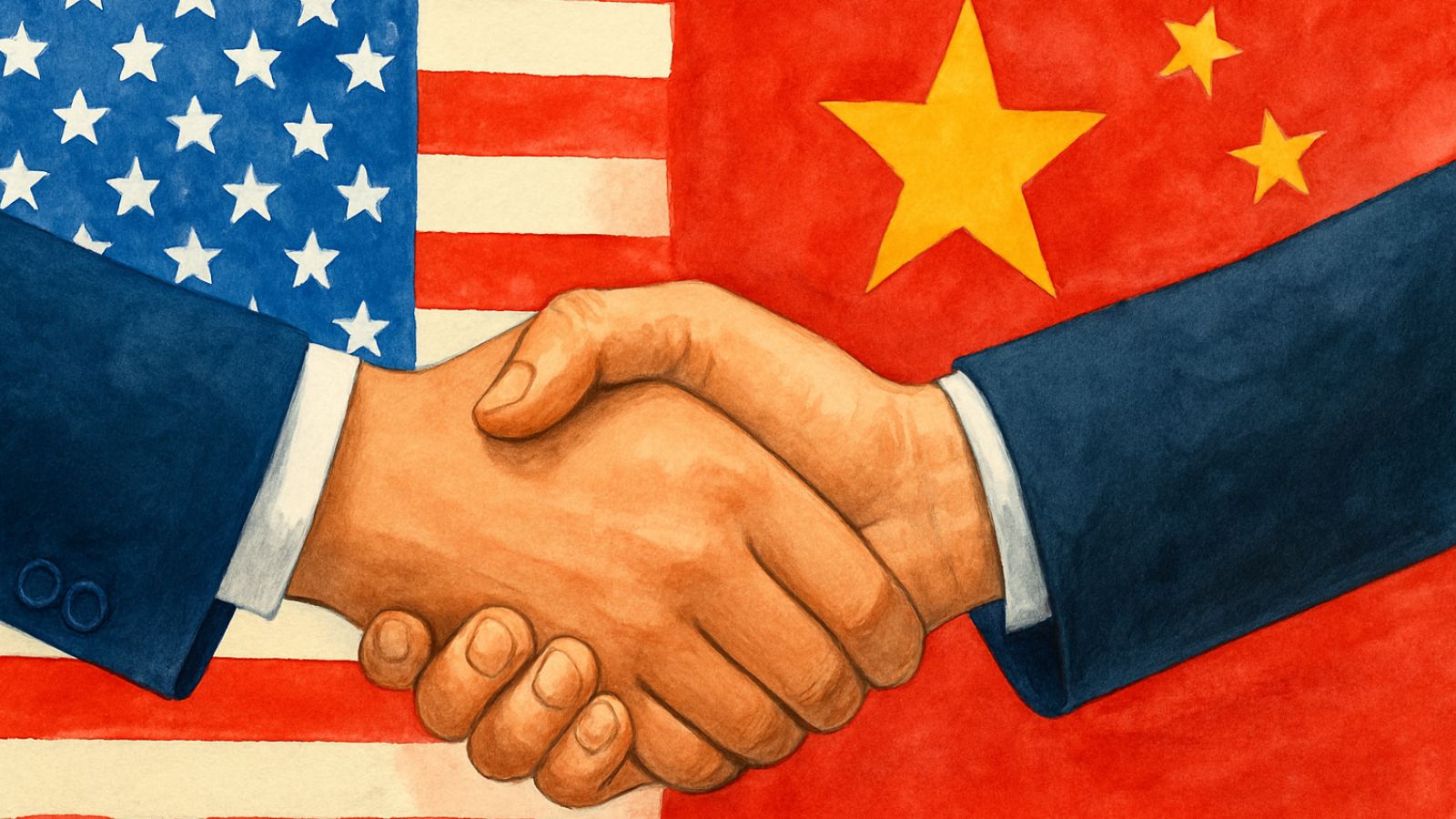 Estados Unidos e China apertando as mãos e bandeiras ao fundo