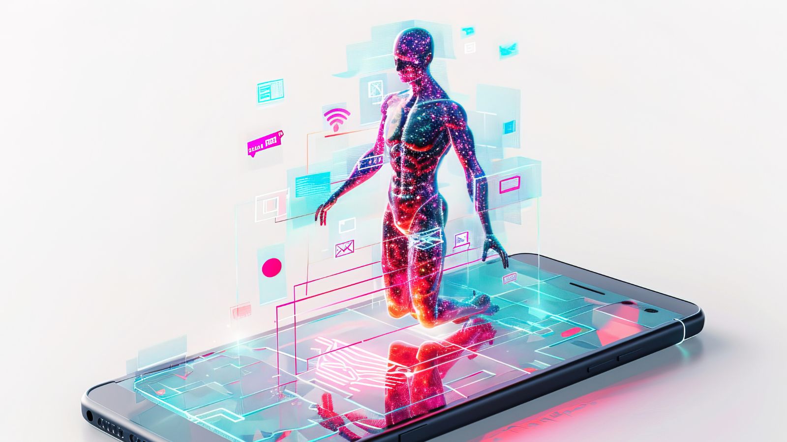 Personagem 3D emergindo de um smartphone