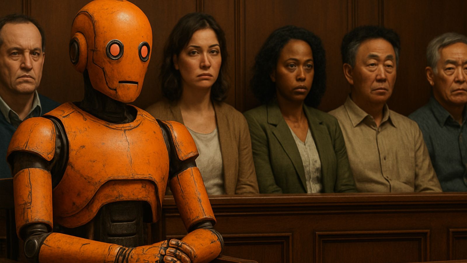 Robô laranja sentado na cadeira de juri, com jurados atrás