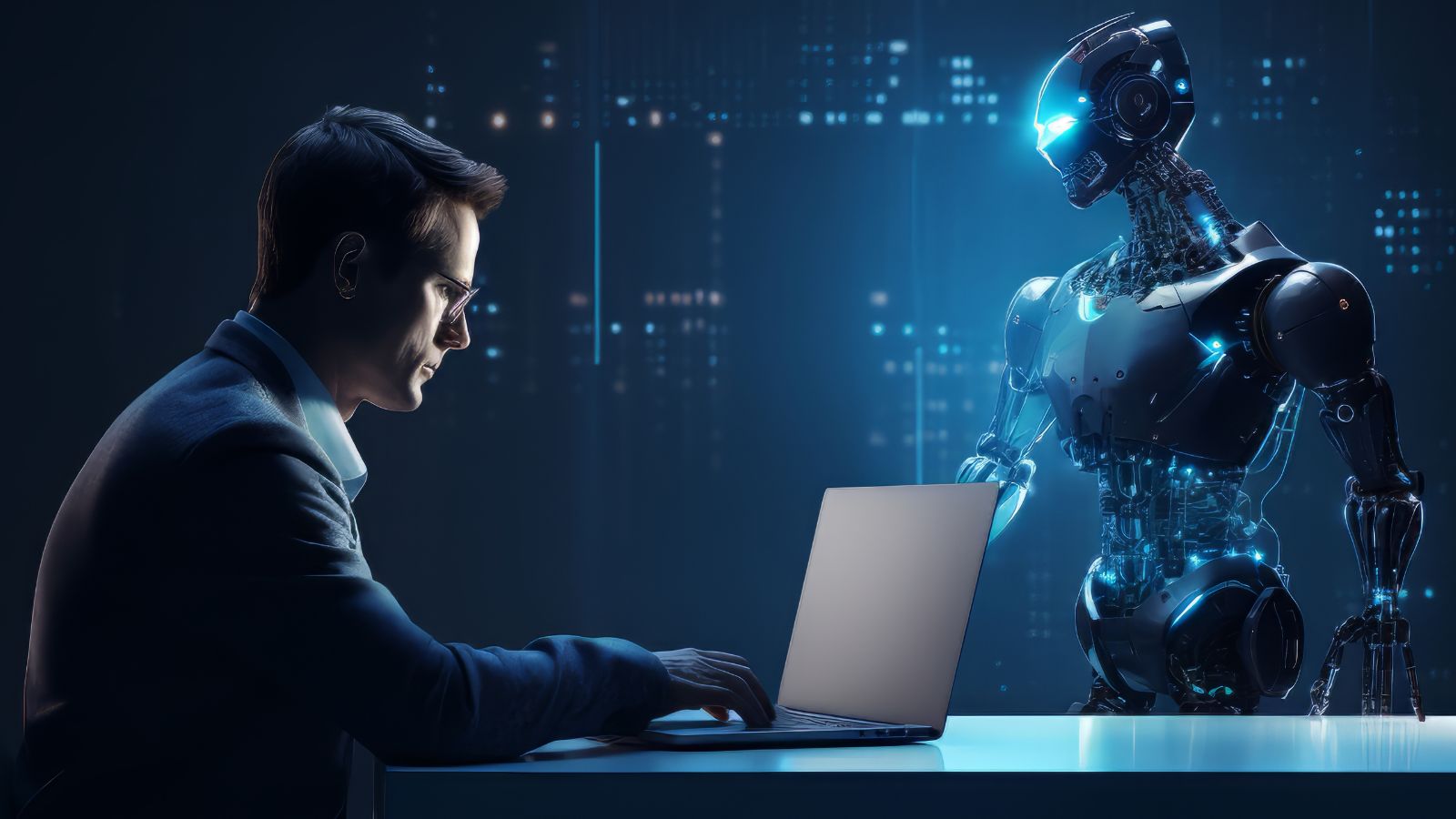 Homem de negócios a trabalhar num escritório futurista