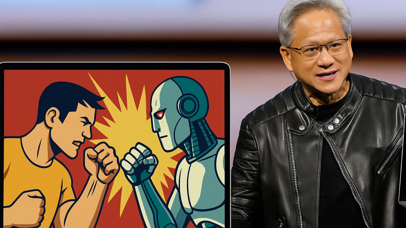 Jensen Huang segurando computador com robô e humano lutando