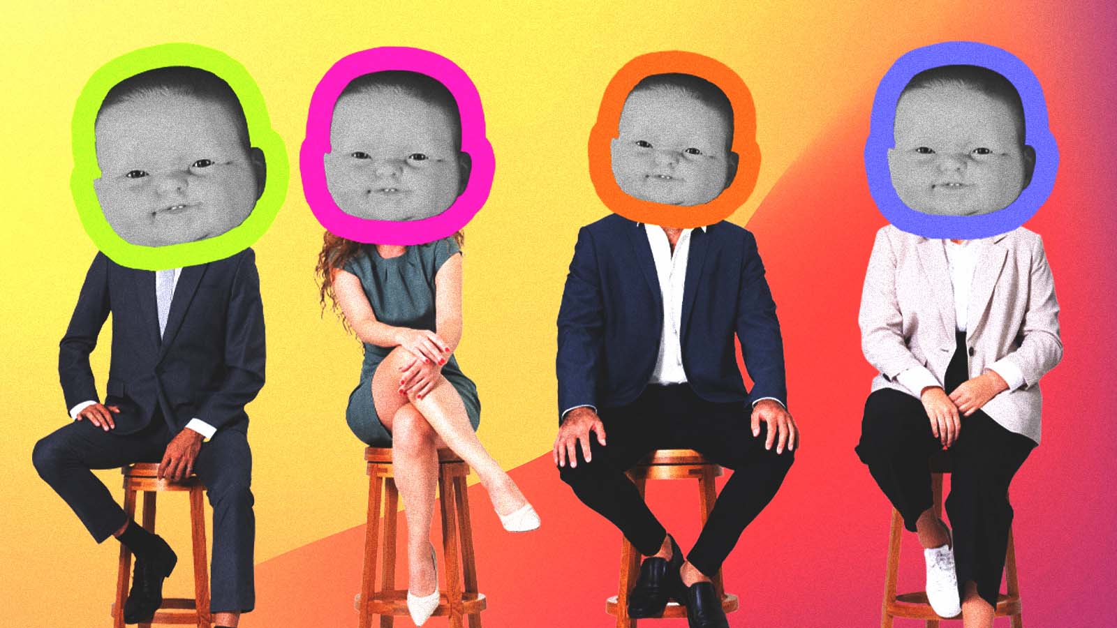 montagem de imagens de pessoas sentadas com rostos de bonecas