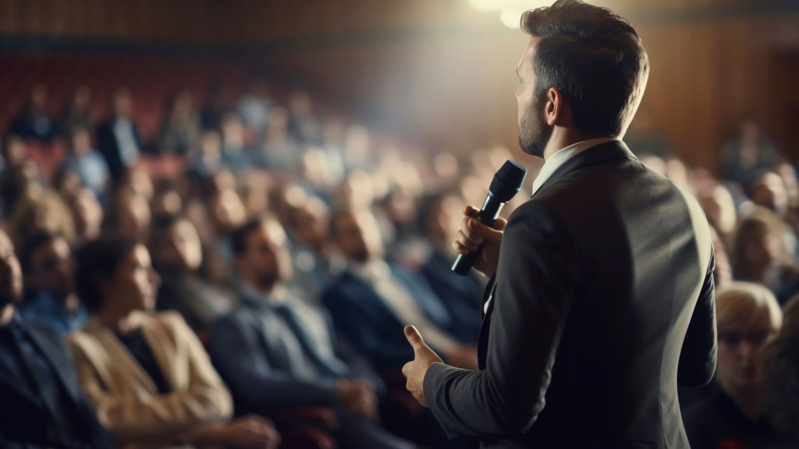 Homem palestrando no palco