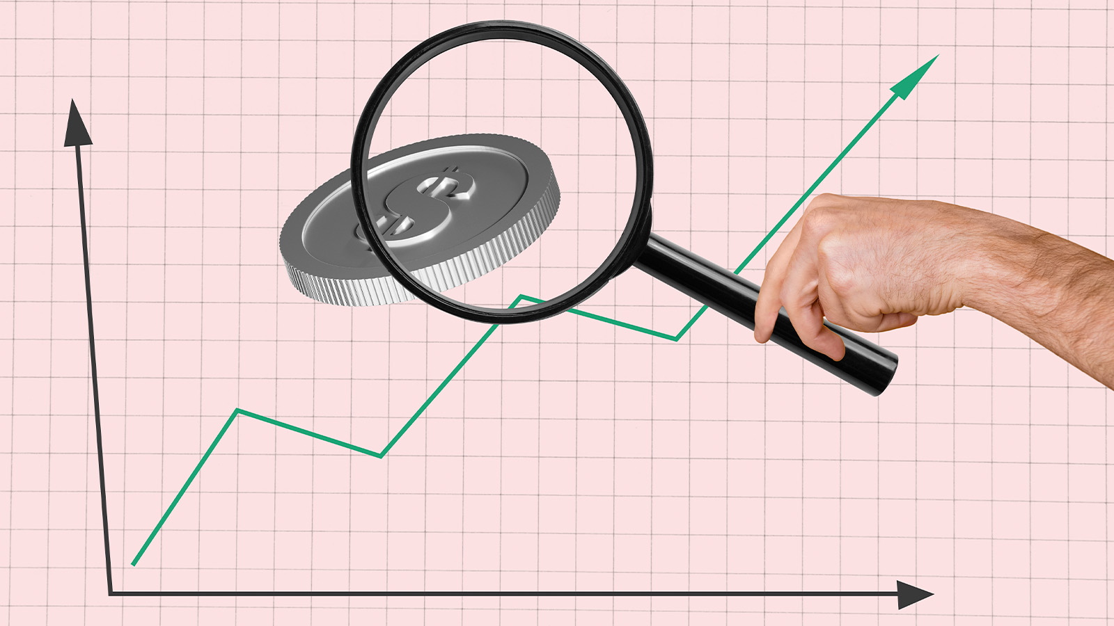 ilustração mostra gráfico em alta, moeda e lupa com a ideia de onde está a atenção para ganhar dinheiro
