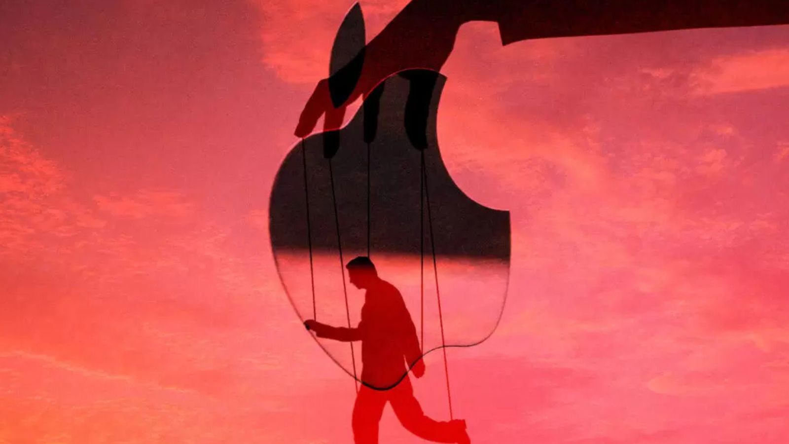 Símbolo da Apple com homem feito marionete ao fundo