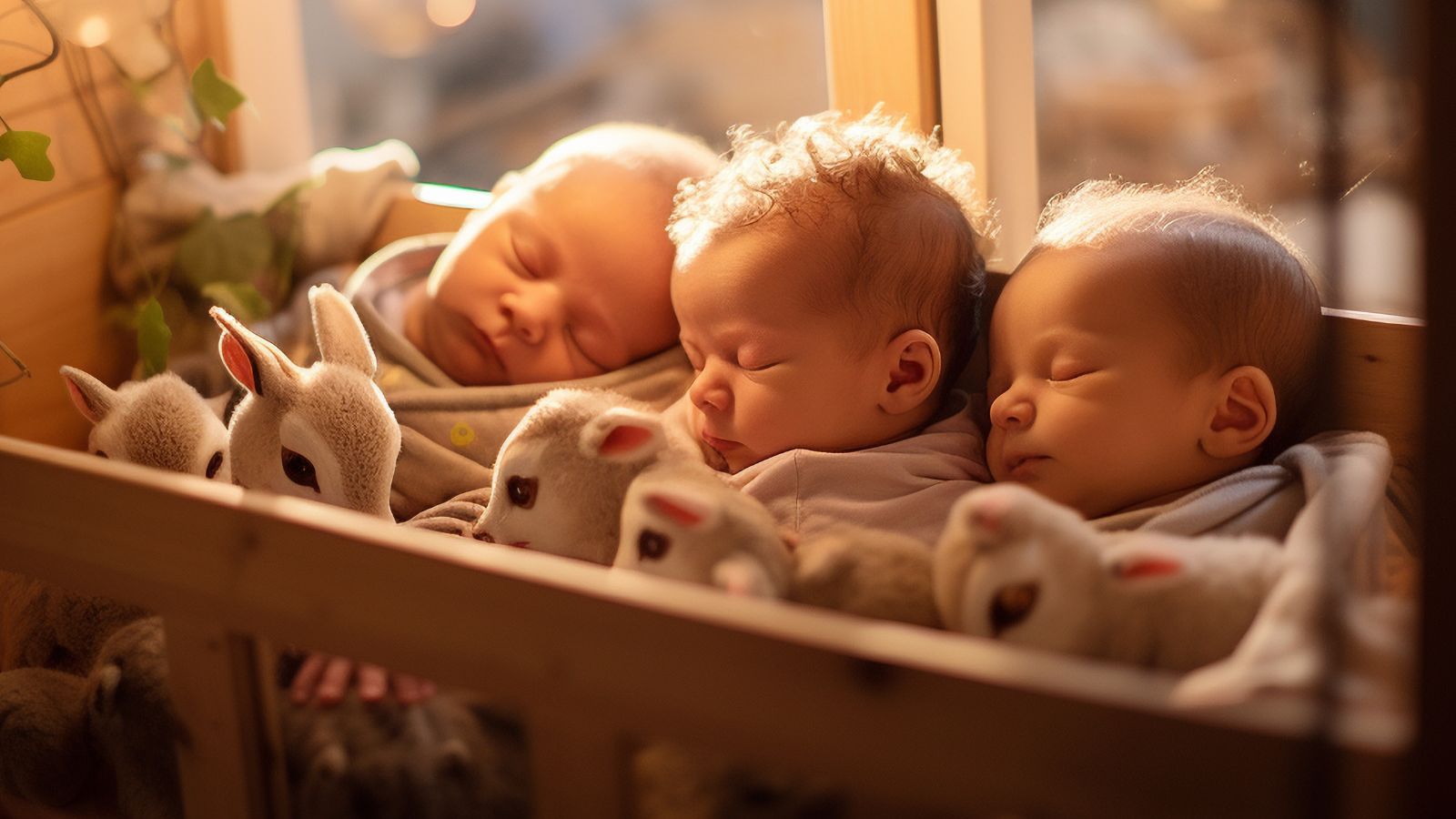 Três bebês em um berço