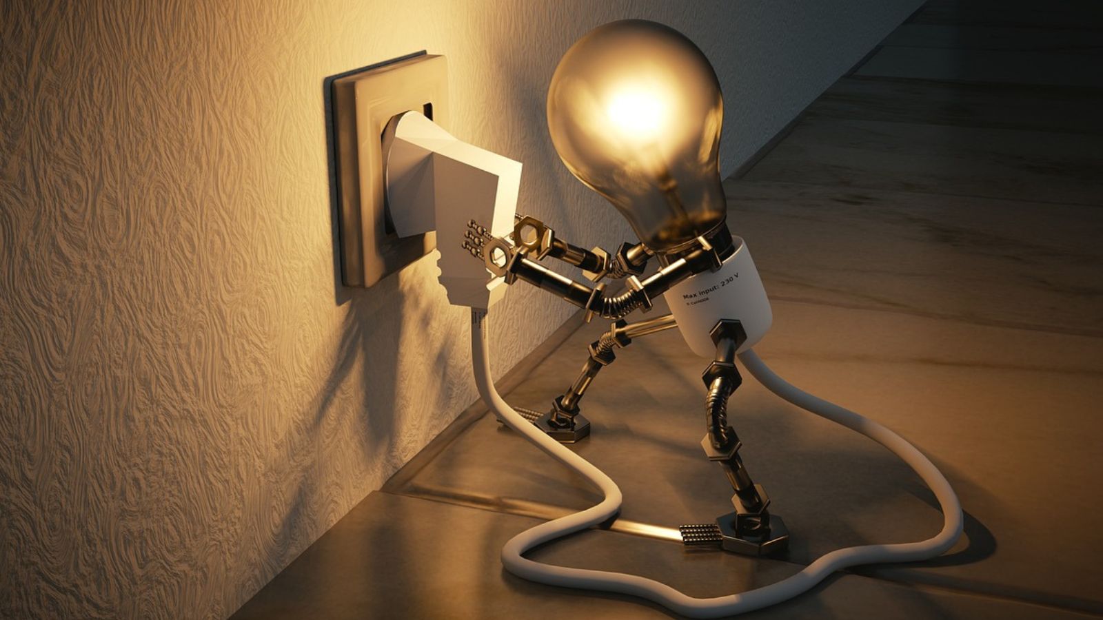 Robô de luz plugando cabo na tomada