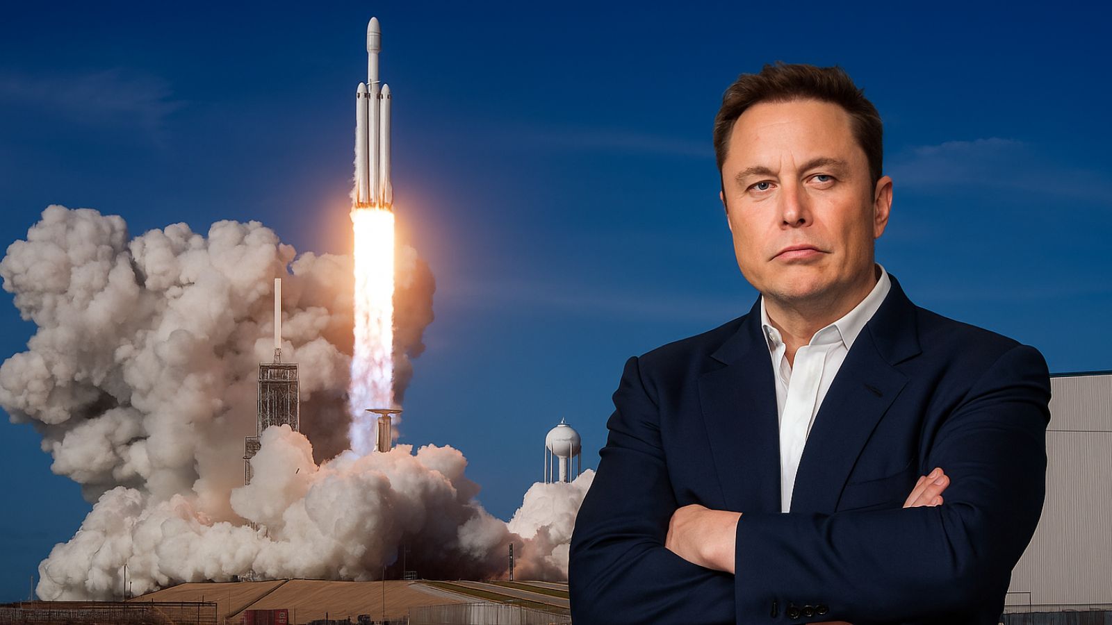 Foguete do SpaceX sendo lançado com Elon Musk na frente