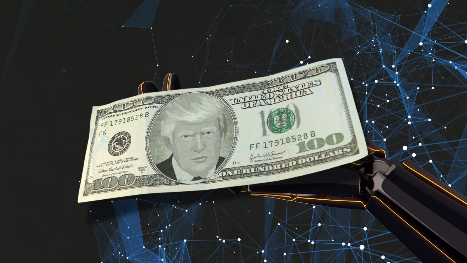 Nota de dólar com rosto do Trump e mão de robô segurando ela