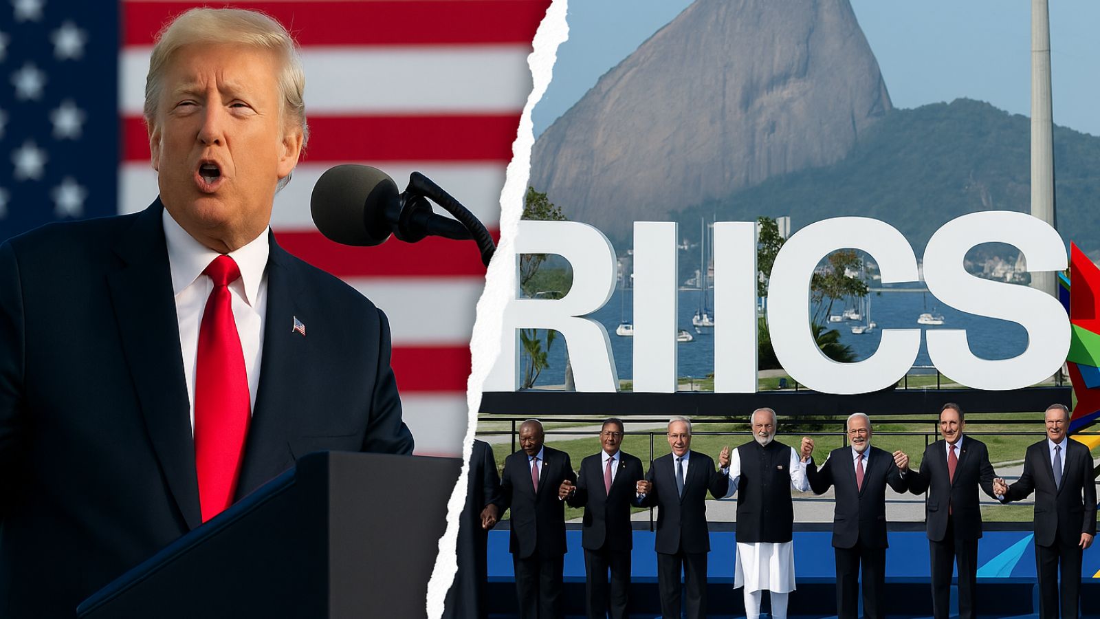 Donald Trump a esquerda e membros do Brics a direita divididos por um rasgo na foto