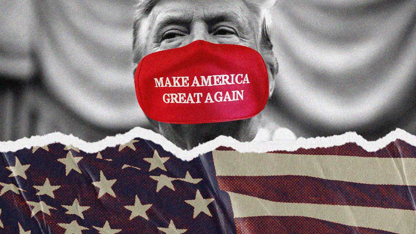 Trump com a expressão Make America Great Again escrita ao lado de sua boca