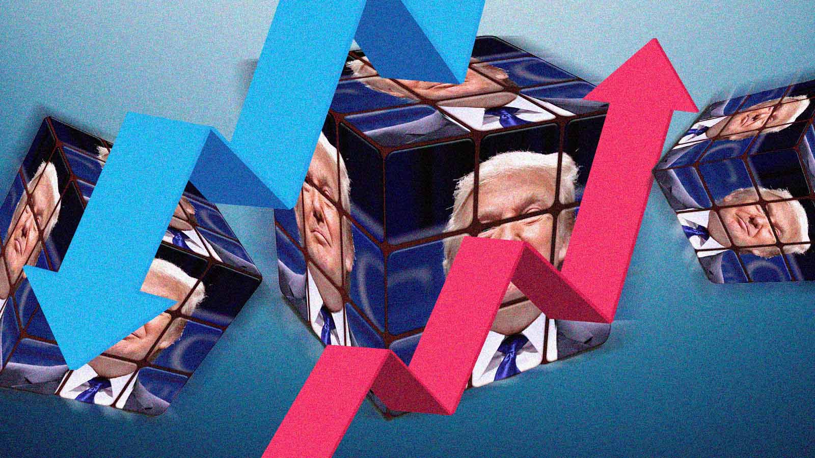 Donald Trump em um cubo, envolto de gráficos