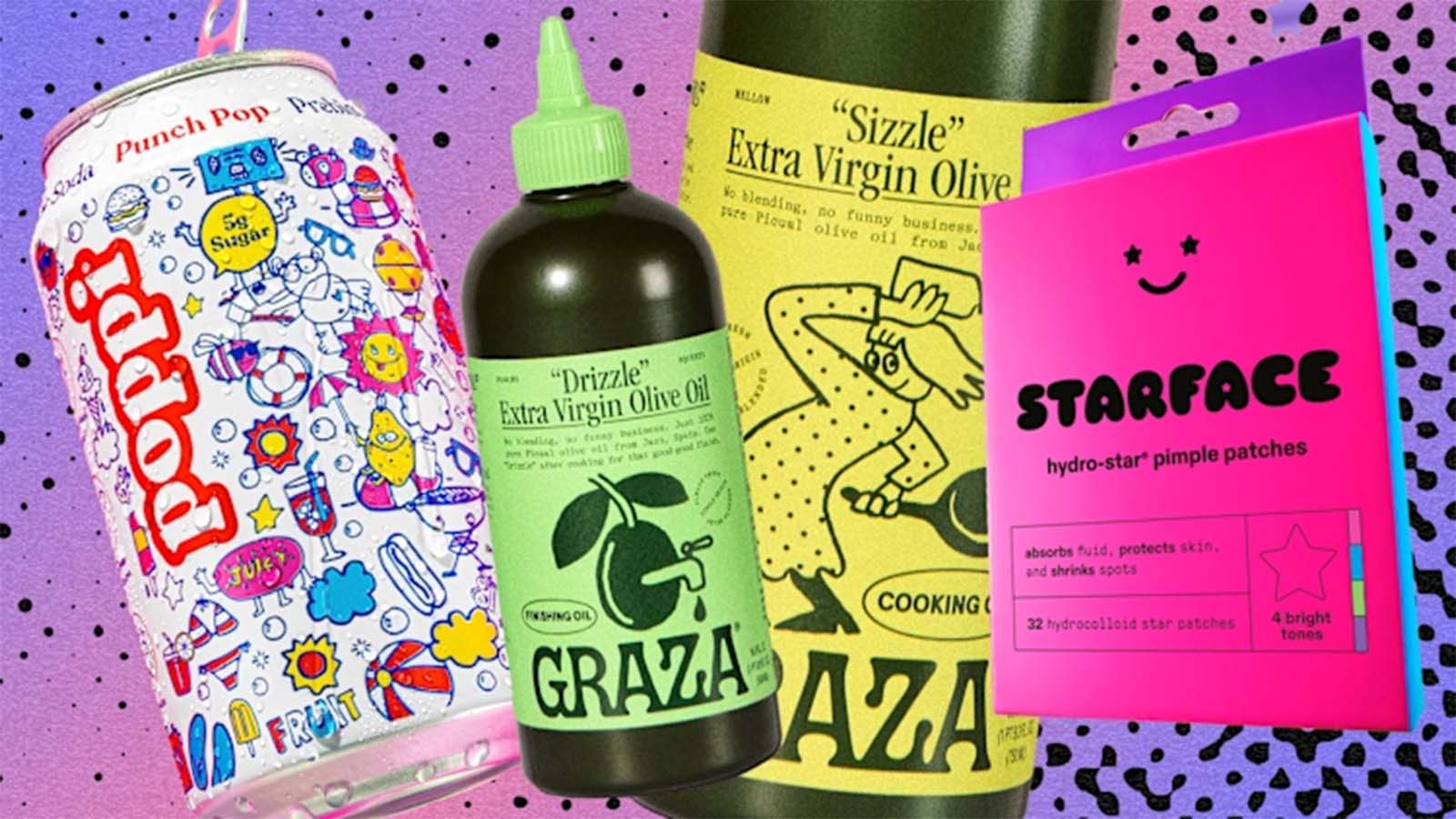 mosaico com rótulos das marcas Poppi, Graza e Starface