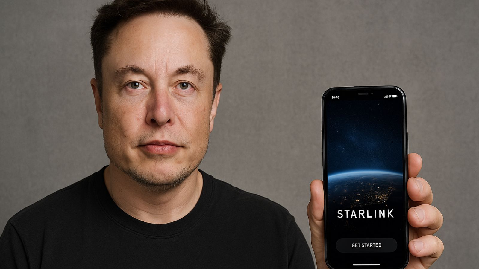 Elon Musk segurando celular com tela aberta na Starlink