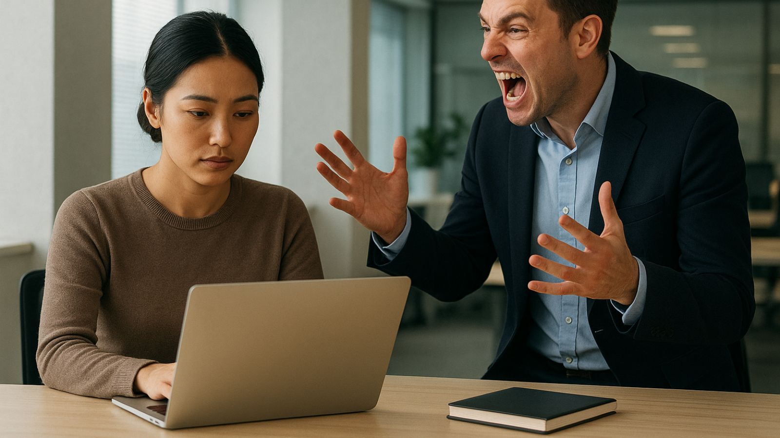 Mulher trabalhando enquanto homem grita com ela
