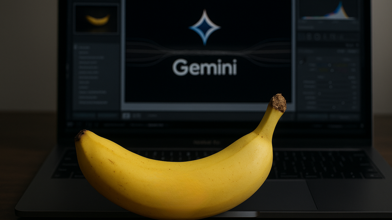 Banana editando foto e símbolo do Gemini no notebook