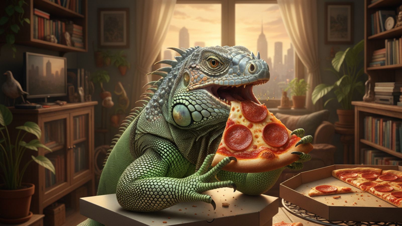 Lagarto comendo pizza
