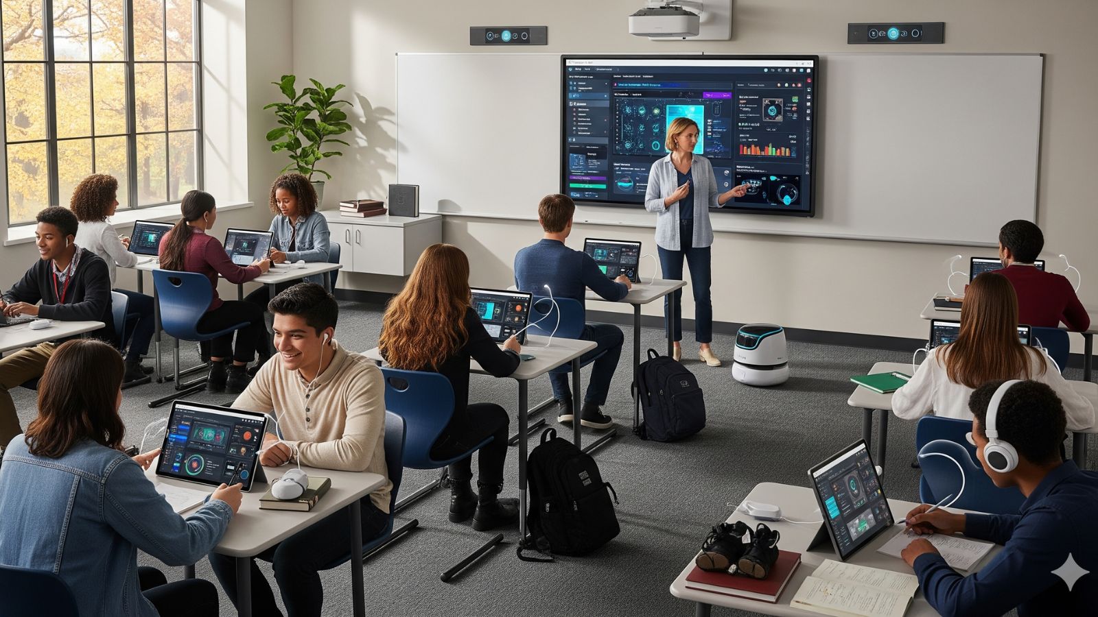 Sala de aula com alunos e robos