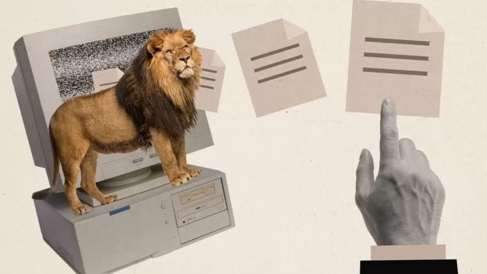 Leão saindo de computador e mão apontando para papel