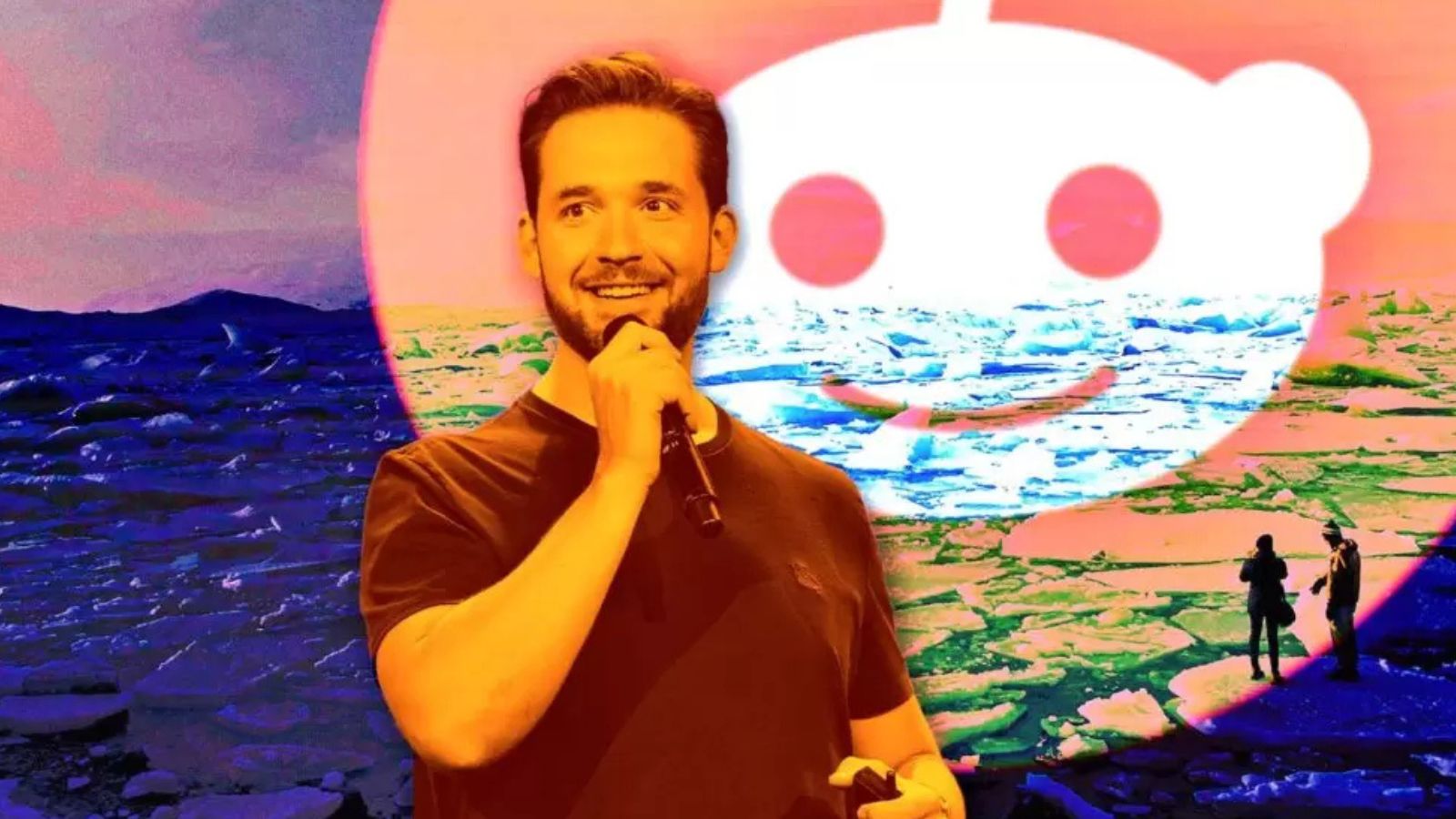 CEO do Reddit e logo da marca em fundo de praia